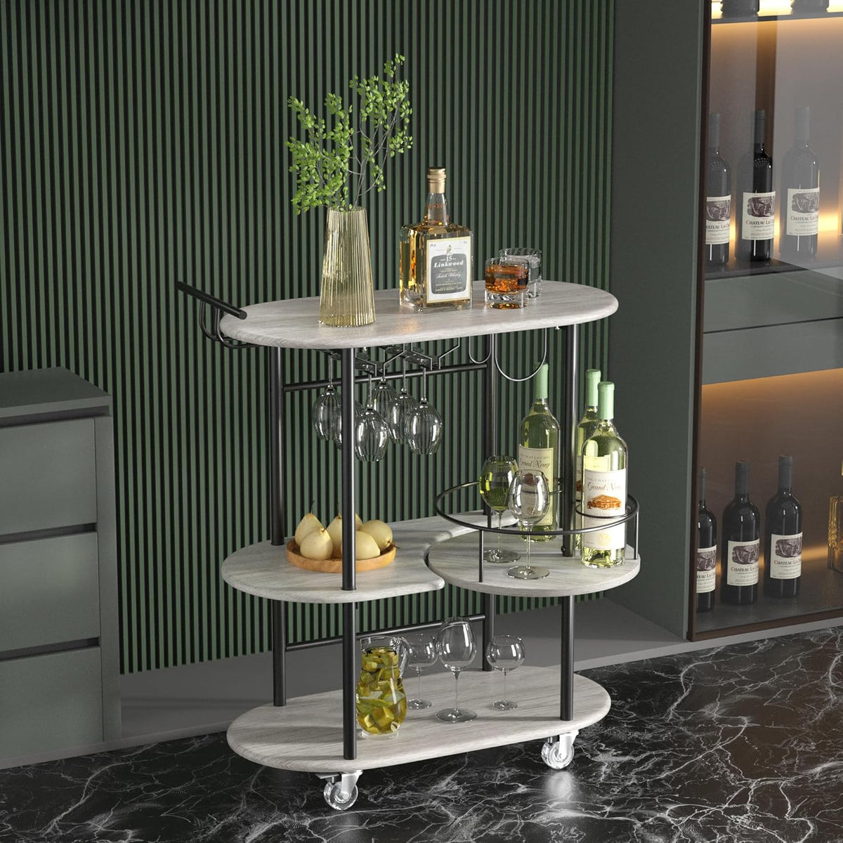 Light Gray Bar Carts with 4-Tier Storage Shelves, Mobile Bar Serving Cart with Wine Rack and Glass