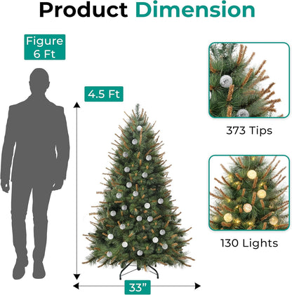 Selena 4.5ft Prelit Artificial Christmas Tree with 373 Branch Tips, 130 Warm Lights and Metal
