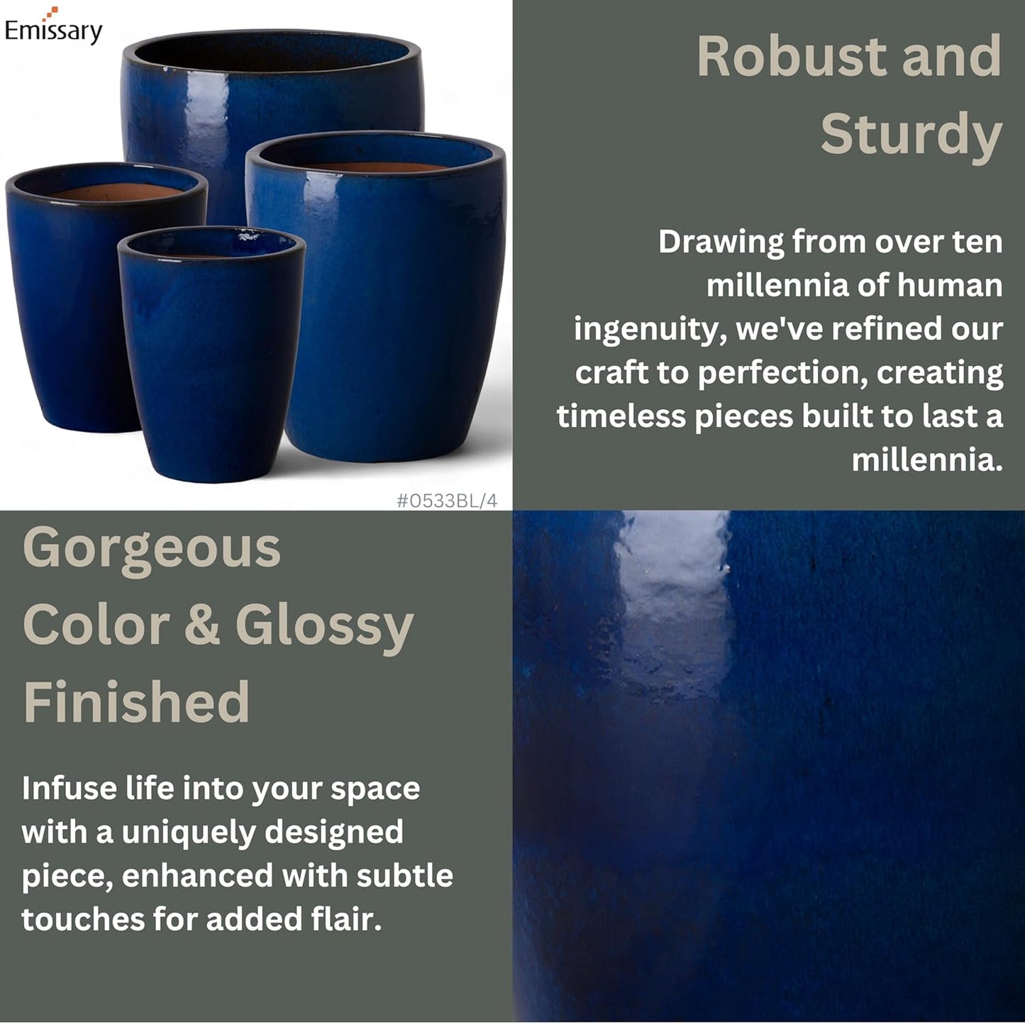 Emissary Home and Garden Bullet 12in., 14in., 15.5in., 21in. H Blue Ceramic Round Planters with