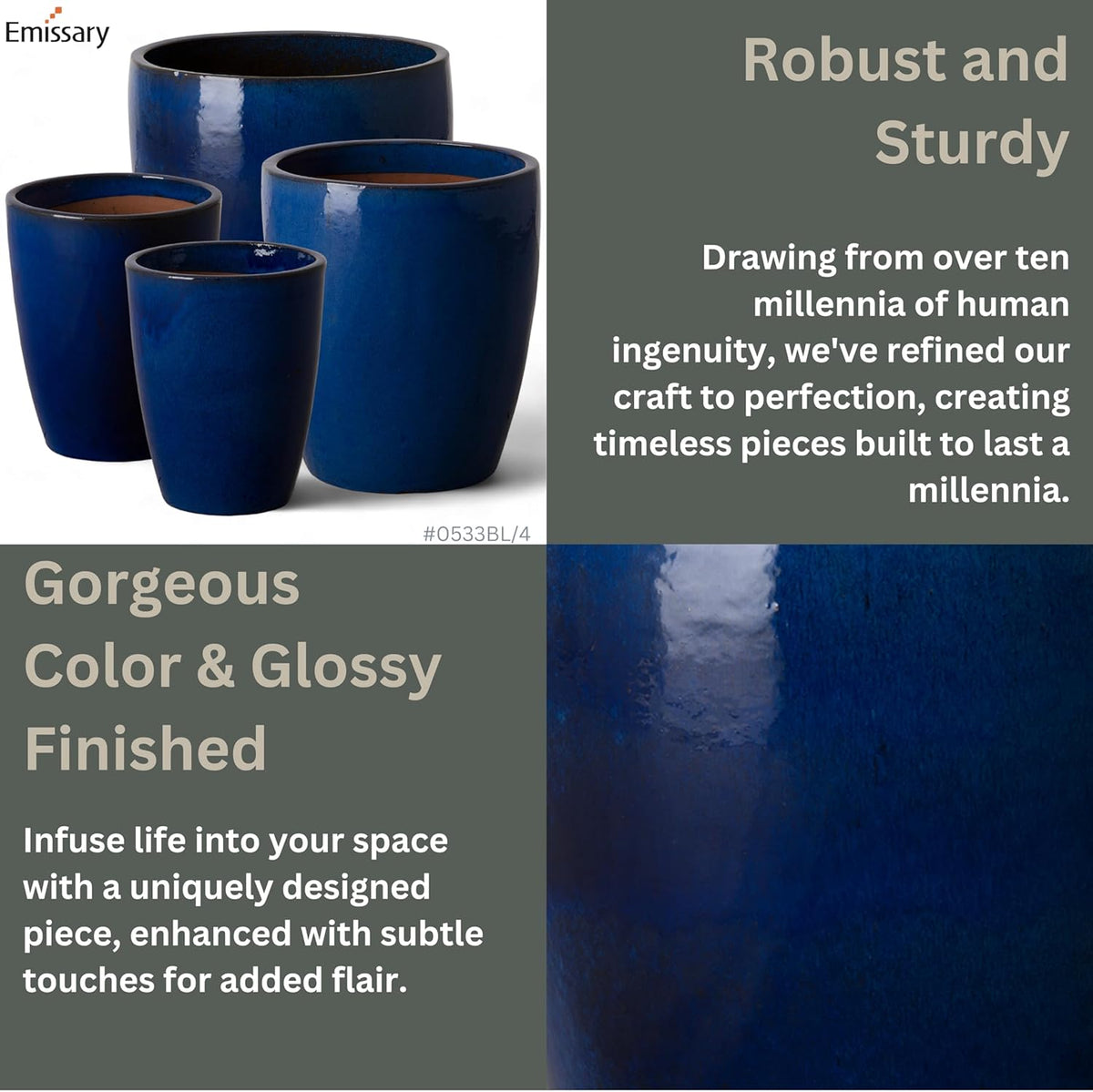 Emissary Home and Garden Bullet 12in., 14in., 15.5in., 21in. H Blue Ceramic Round Planters with