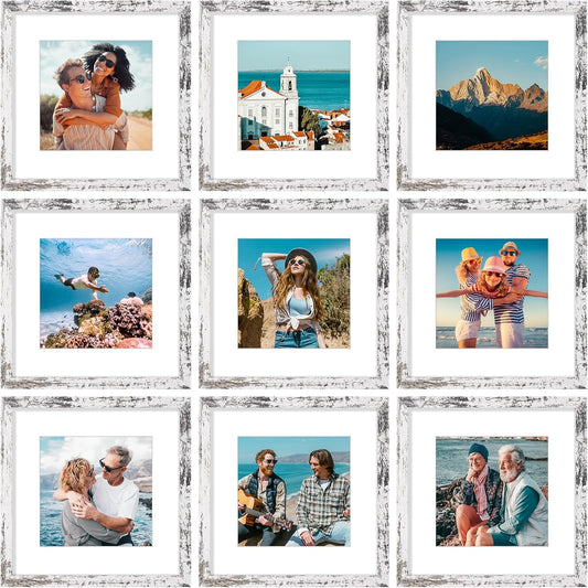 Vittanly 12x12 Picture Frames Set of 9, Shatter Resistant Plexiglass, Display 8x8 Pictures with Mat