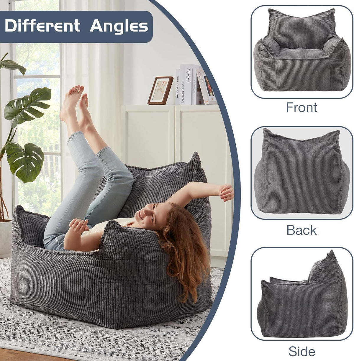 Giant Bean Bag Chair Sofa for Adults Teens, Comfy Corduroy Large Bean Bag Chairs with Armrests for