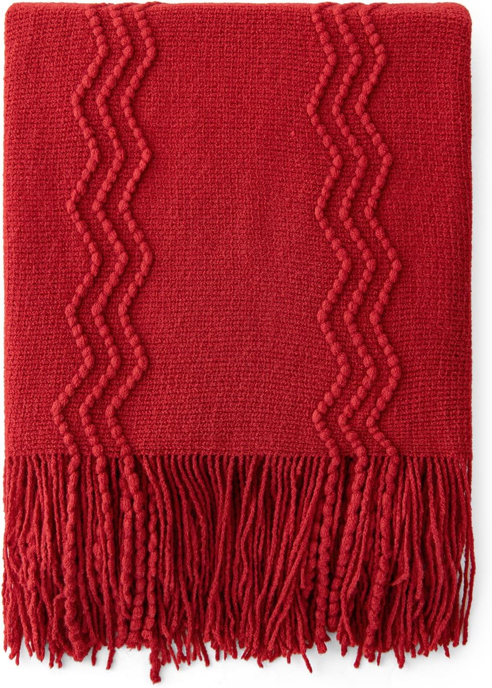 MIULEE Red Knitted Throw Blanket for Couch Boho Textured Cozy Woven Blanket with Tassels for Sofa