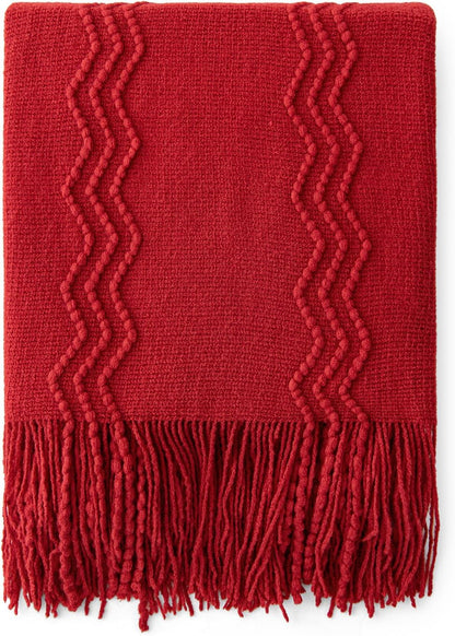 MIULEE Red Knitted Throw Blanket for Couch Boho Textured Cozy Woven Blanket with Tassels for Sofa