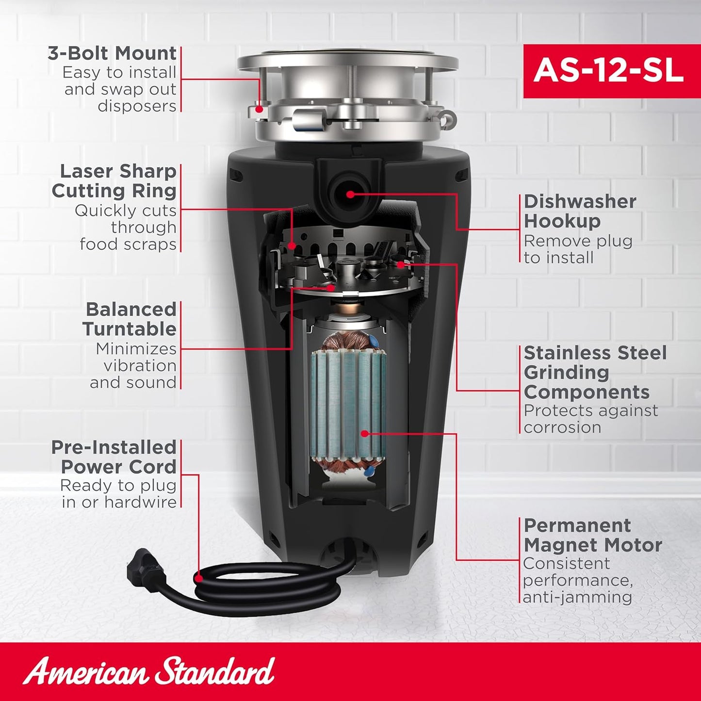 American Standard 10-US-AS-12-SL Garbage Disposal Anti-Jam Stainless Steel Food Waste Grinding