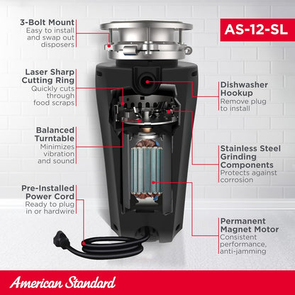 American Standard 10-US-AS-12-SL Garbage Disposal Anti-Jam Stainless Steel Food Waste Grinding