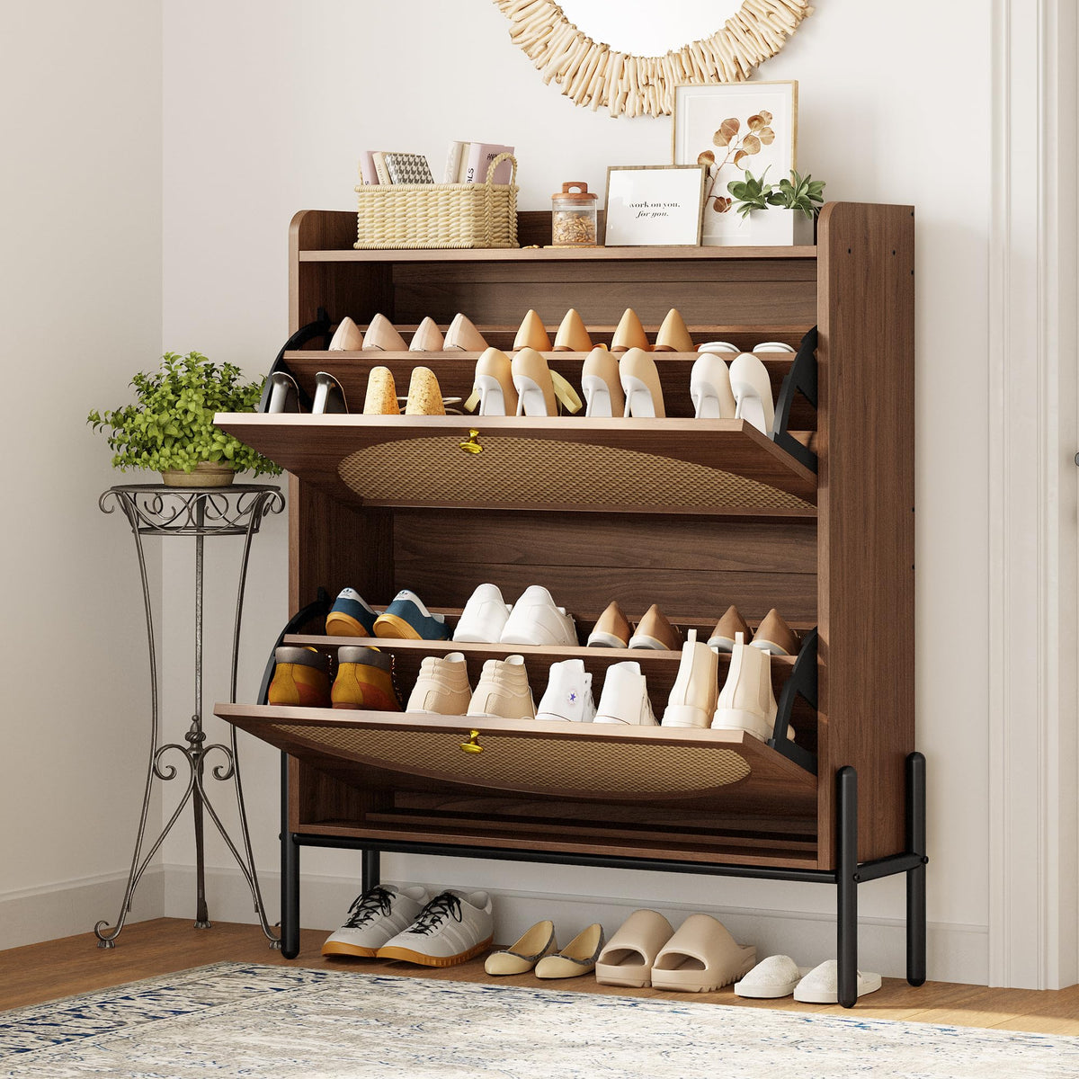 IRONCK Rattan Shoe Cabinet Storage with 2 Flip Drawers, Walnut