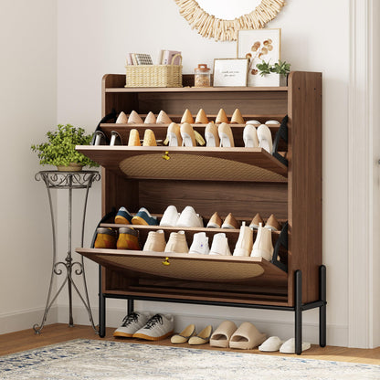 IRONCK Rattan Shoe Cabinet Storage with 2 Flip Drawers, Walnut