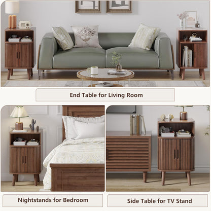 Alohappy Mid Century Modern End Table with Sliding Tambour Door, Fluted Wood Nightstand, Curved