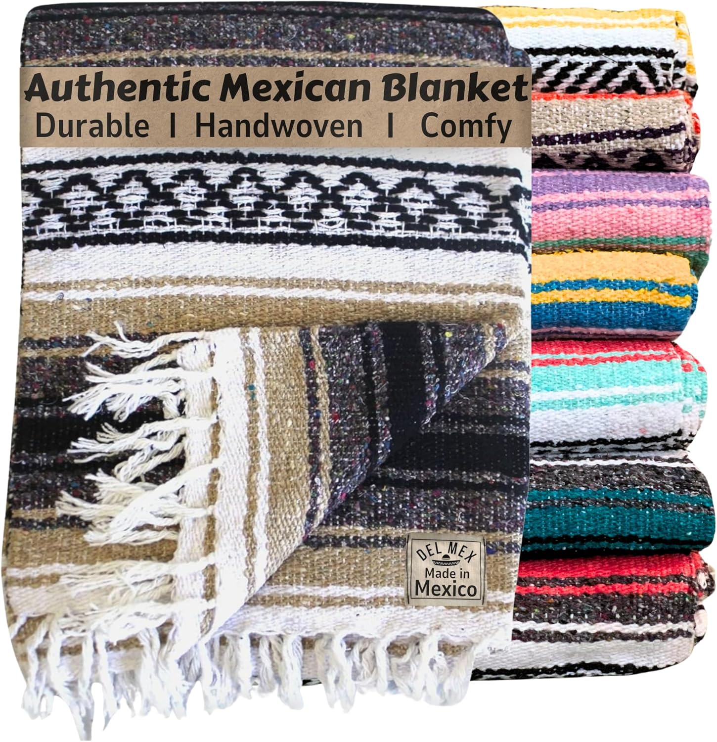 Del Mex Classic Mexican Blanket, Large Authentic Woven Falsa Throw (70"x50"), Artisan Southwest