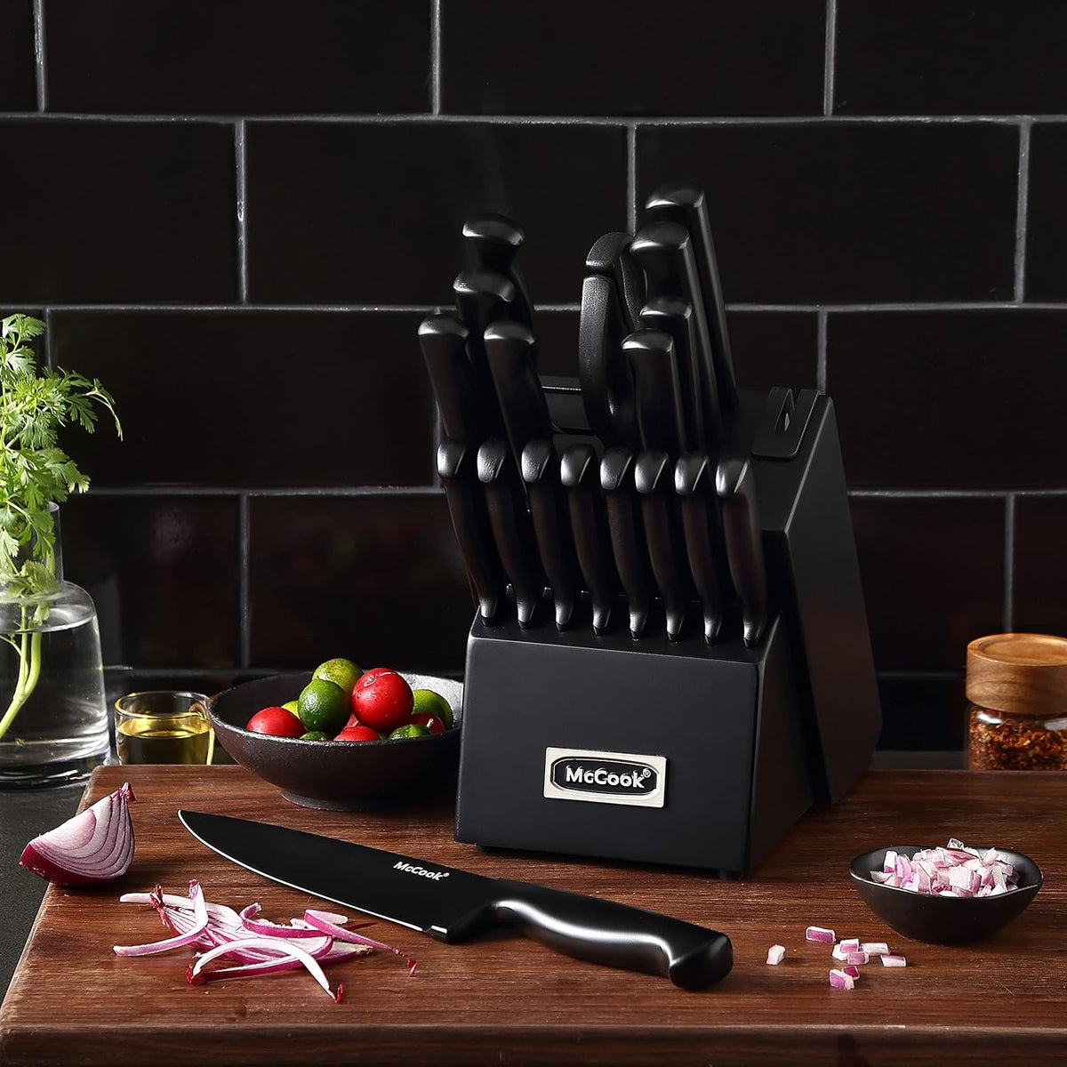 McCook® Premium Black Knife Sets,German Stainless Steel Kitchen Knives Block Set with Built-in