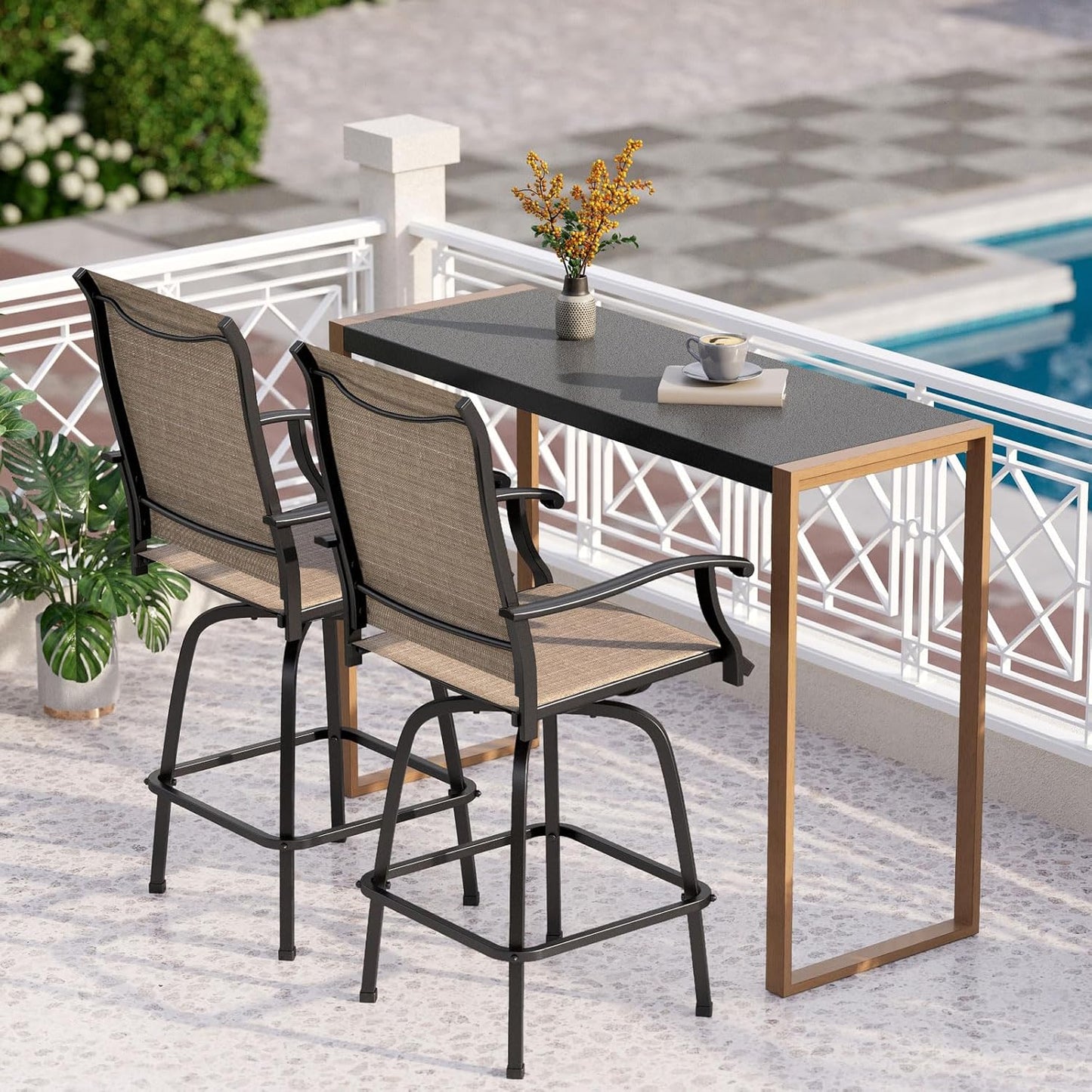 PHI VILLA 3 Piece Outdoor Bar Set, High Top Patio Table and Chairs with Brown Textilene Fabric &