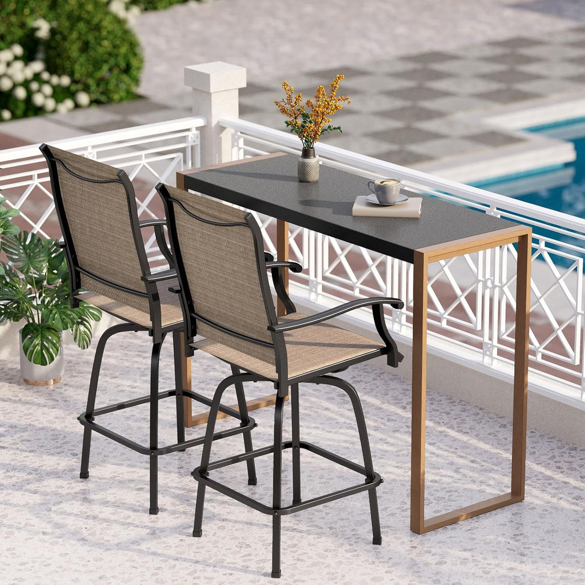 PHI VILLA 3 Piece Outdoor Bar Set, High Top Patio Table and Chairs with Brown Textilene Fabric &