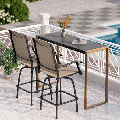 PHI VILLA 3 Piece Outdoor Bar Set, High Top Patio Table and Chairs with Brown Textilene Fabric &