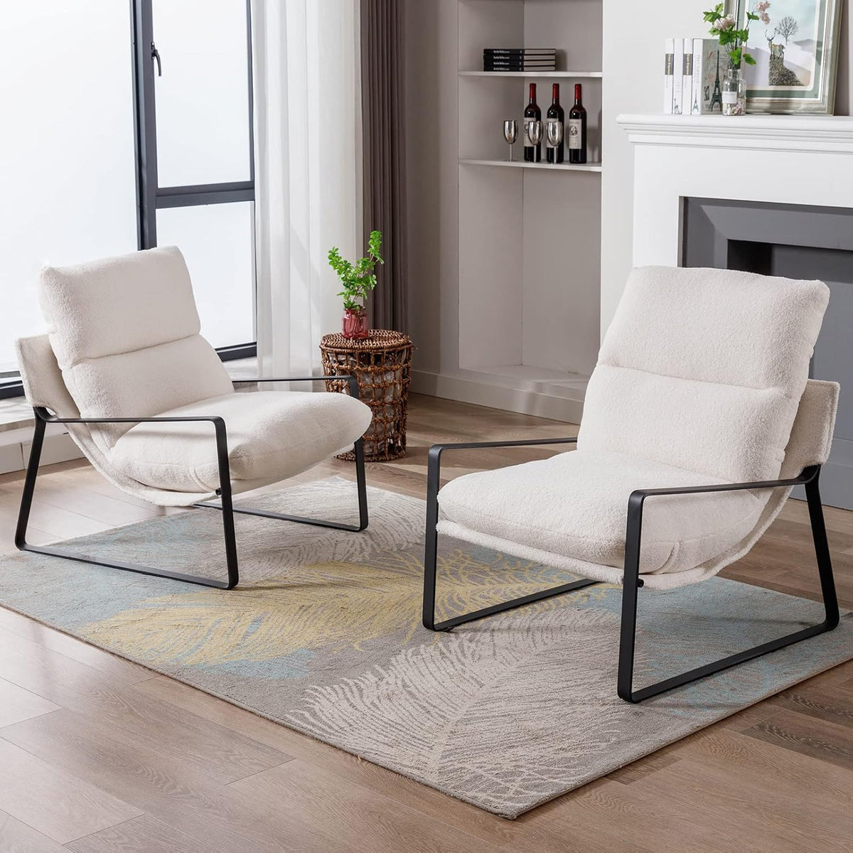 DUOMAY Modern White Sherpa Accent Chair Set of 2, Comfy Lounge Lazy Chair with Metal Leg