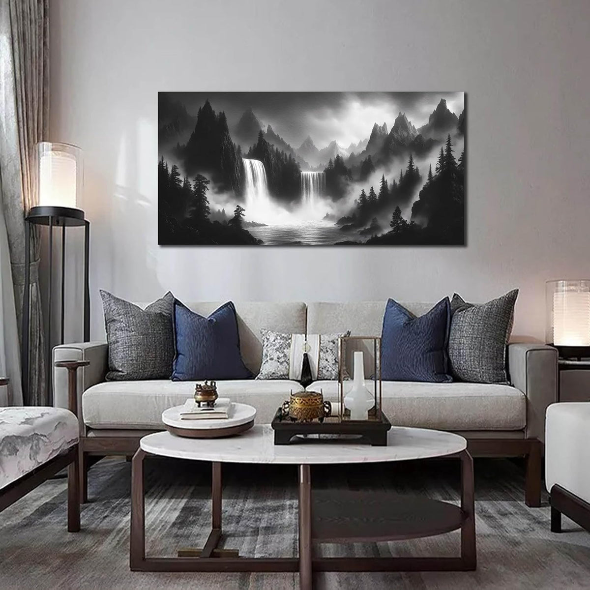 HUBOSKN Waterfall Pictures Wall Decor for Living Room - Mountain Wall Art for Office - Black and