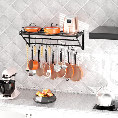 OROPY 31 Inch Wall Mounted Pot Rack Storage Shelf with 2 Tier Hanging Rails 14 S Hooks included