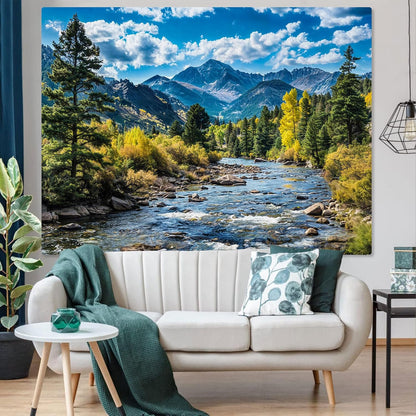 AMM Nature Forest Mountain Tapestry Green Pine Tree Tapestry for Bedroom Aesthetic White Clouds
