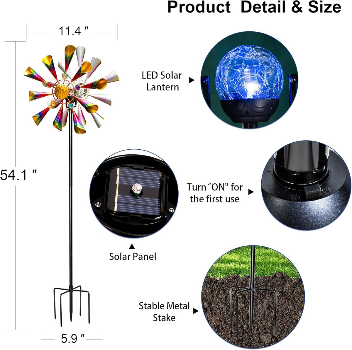 54'' Wind Spinners Outdoor Solar Garden Decor Light - Unique Metal Stake Colorful Windmill, Durable