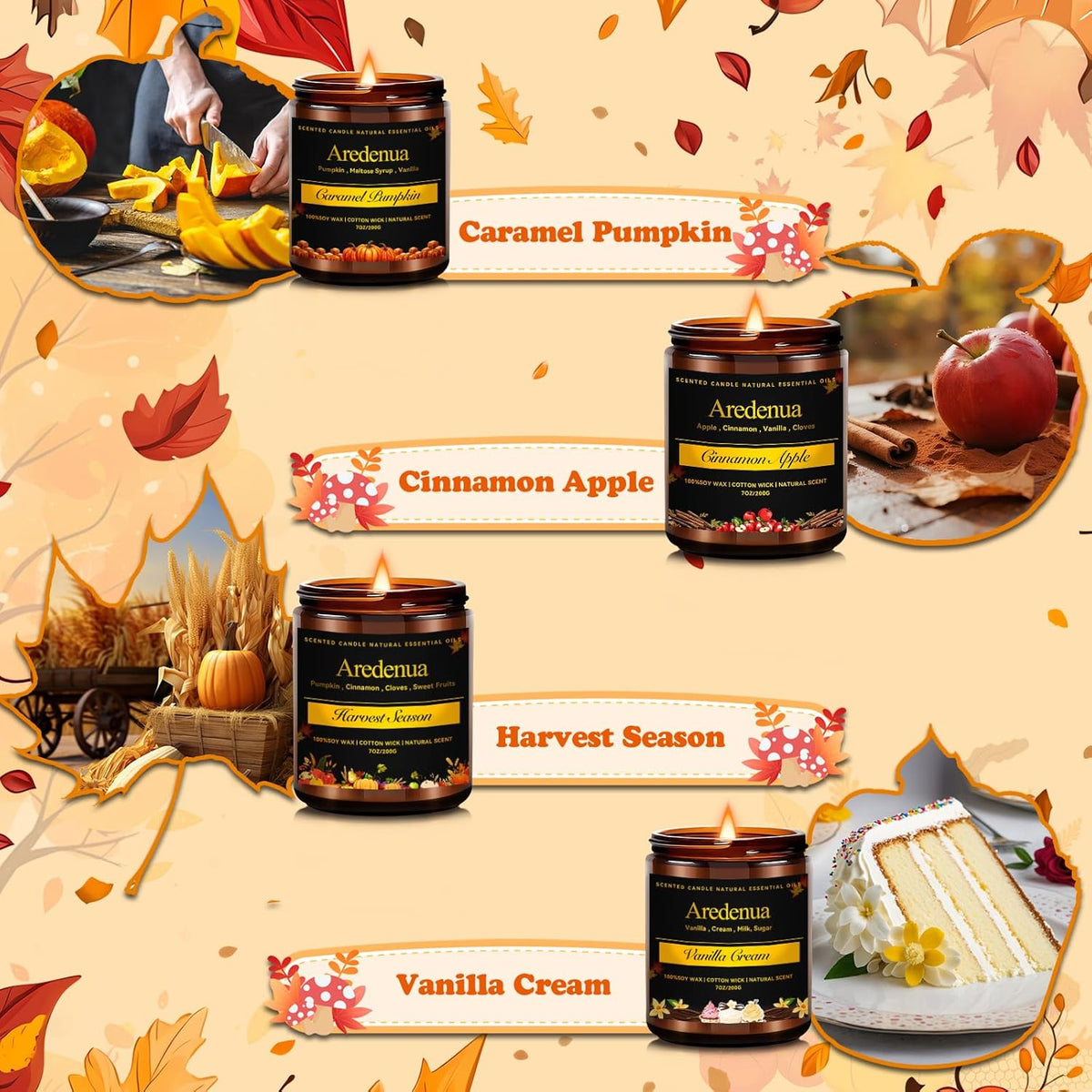 Fall Candles Set | 4 Pack Autumn Scented Candles - Fall Candle Gifts for Women Men, Soy Candles for