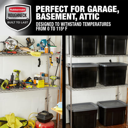 Rubbermaid Roughneck Tote 18 Gal, 6 Pack, Made in USA, Black & Gray, Rugged Plastic Stackable