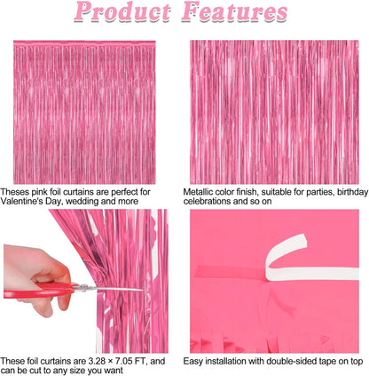 4 Pack Birthday Decorations, 3.28 FT x 7.05 FT Pink Backdrop, Metallic Happy Birthday Backdrop