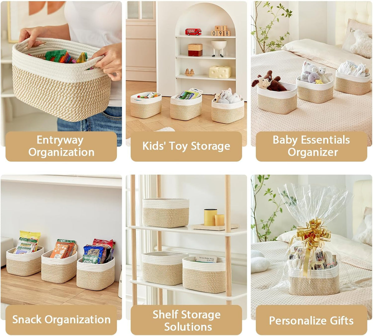 Small Cotton Rope Storage Basket Set of 3-11"x7"x7" Perfect Woven Baskets for Storage, Ideal