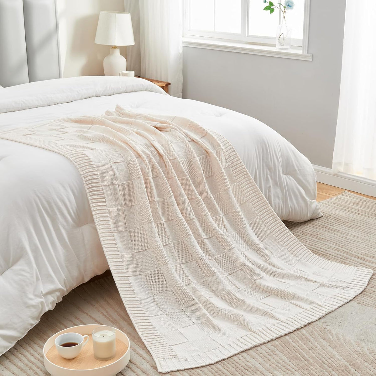 CozeCube Check Knit Throw Blanket, Cream White Checkered Throw for Couch, Decorative Christmas Soft