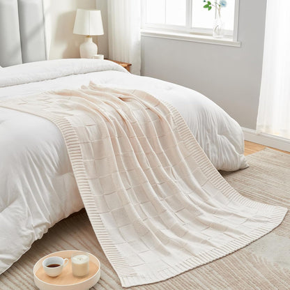 CozeCube Check Knit Throw Blanket, Cream White Checkered Throw for Couch, Decorative Christmas Soft