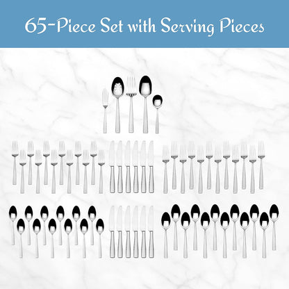 Mikasa, Oliver Gleam Flatware Service for 12, 65 Piece Set, 18/10 Stainless Steel, Silverware Set
