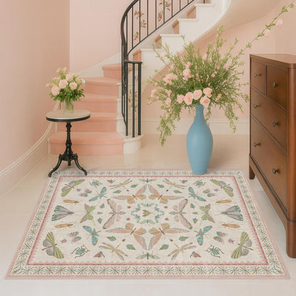 Neutral Girl Nursery Rug 4x6 - Beige & Pink Rugs for Bedroom, Living Room - Washable Low Pile