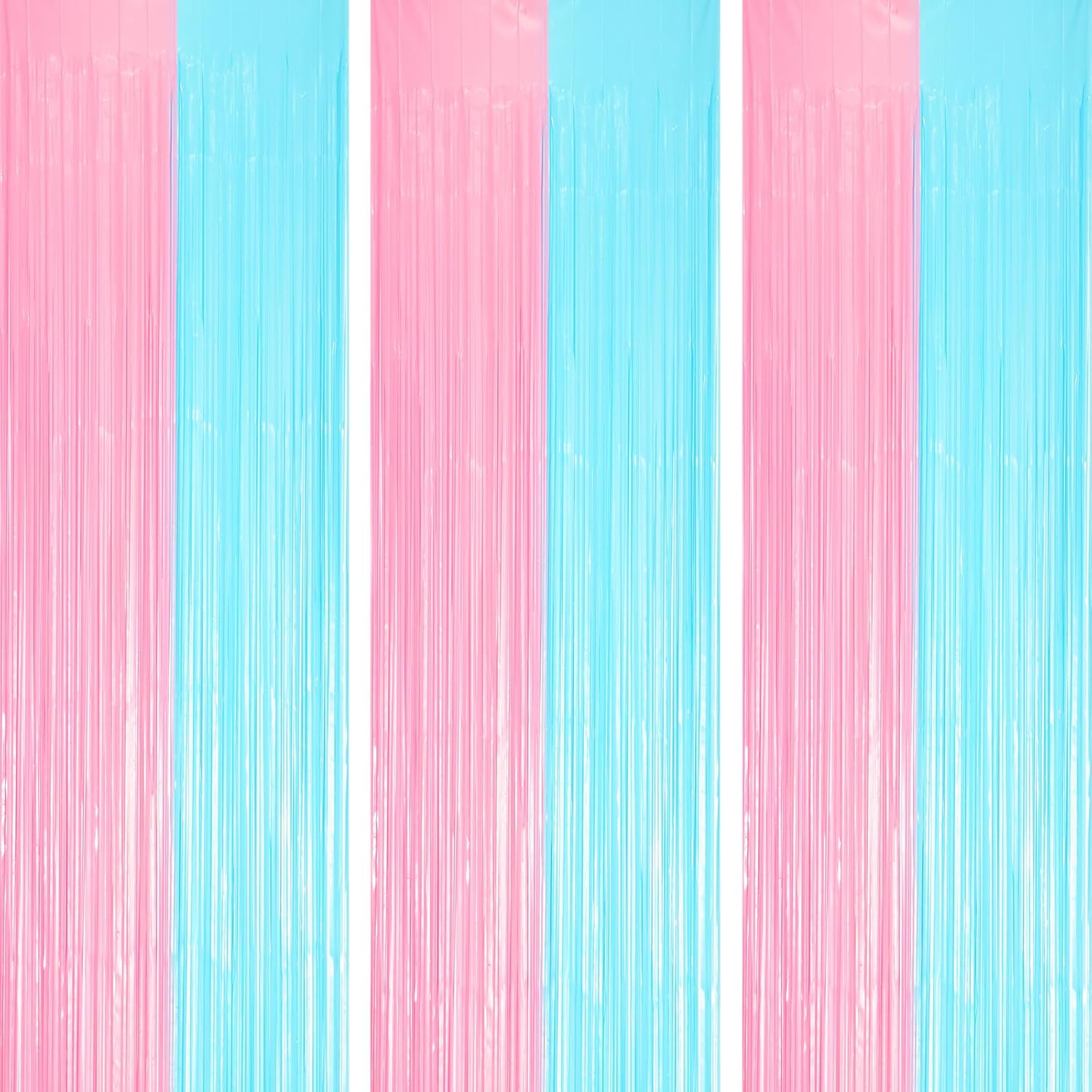 3 Pack 3.3 x 8.2 ft Pastel Blue and Pink Foil Fringe Backdrop Curtains, Tinsel Streamers Party