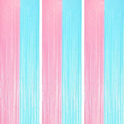 3 Pack 3.3 x 8.2 ft Pastel Blue and Pink Foil Fringe Backdrop Curtains, Tinsel Streamers Party