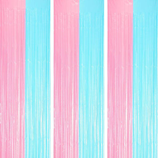 3 Pack 3.3 x 8.2 ft Pastel Blue and Pink Foil Fringe Backdrop Curtains, Tinsel Streamers Party