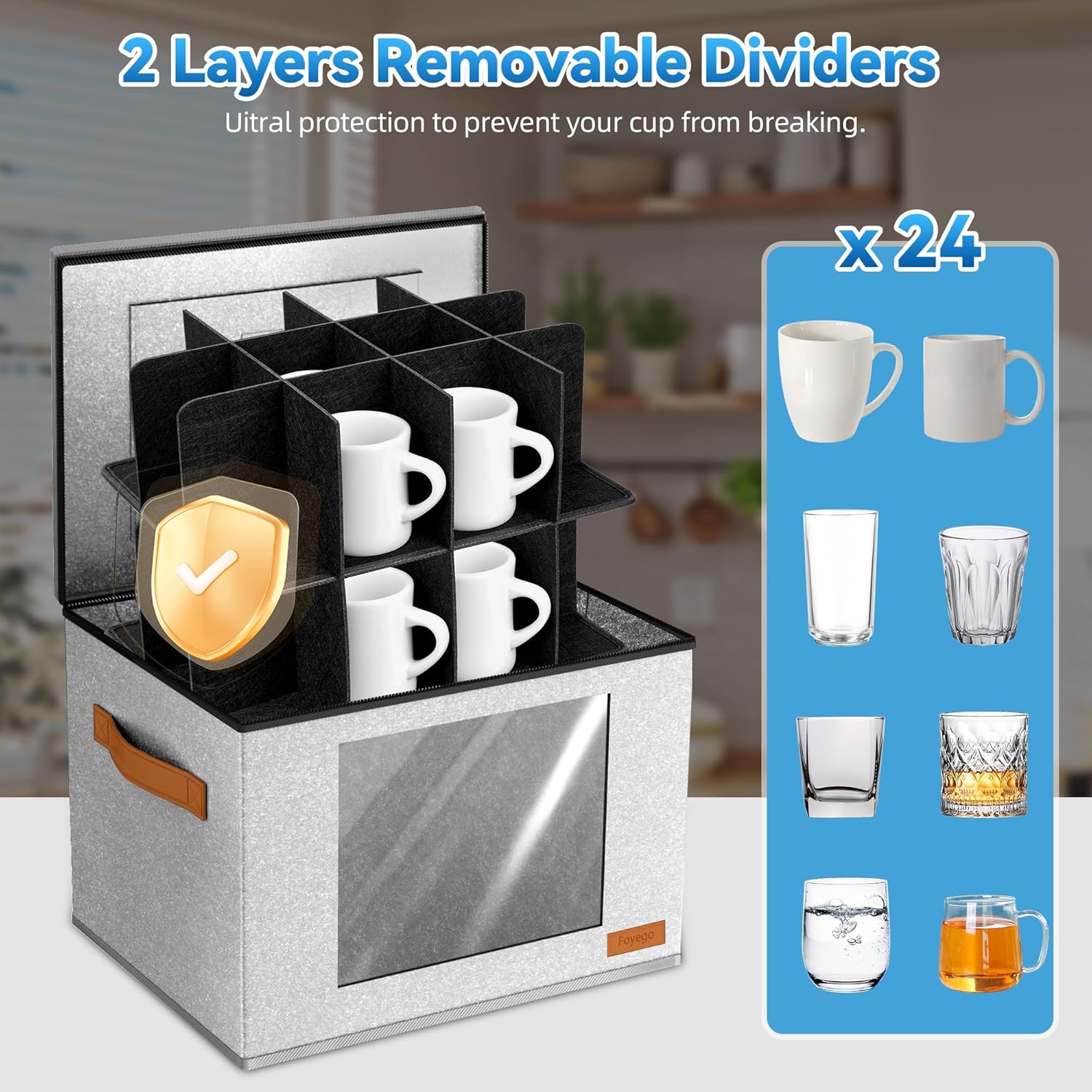 2-Layer Coffee Mug Storage Box with Dividers, Cup Storage Organizer with Zipper Lid and Handles