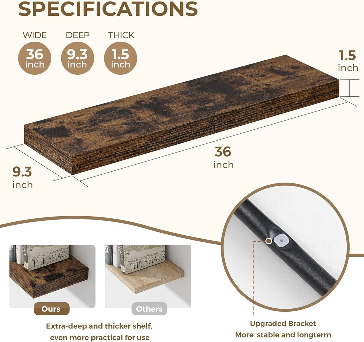 Dreamland 36 Inches Floating Shelves for Wall, 9.3" Deep Long Floating Shelves Set of 2, Large