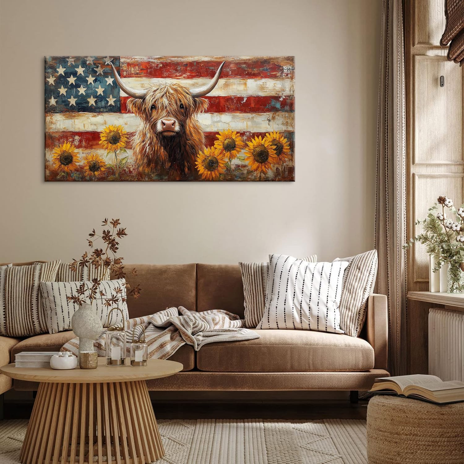 LASMOND Country Highland Cow Wall Art for Living Room Rustic Retro Vintage American Flag Sunflower