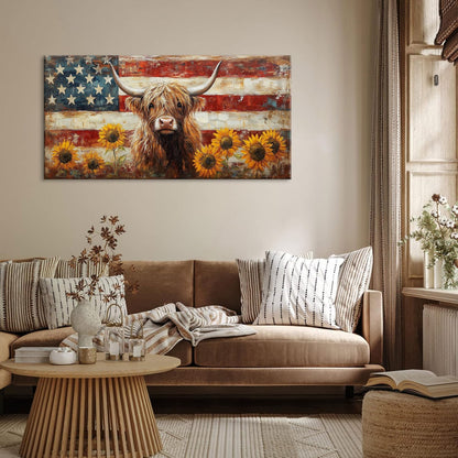 LASMOND Country Highland Cow Wall Art for Living Room Rustic Retro Vintage American Flag Sunflower