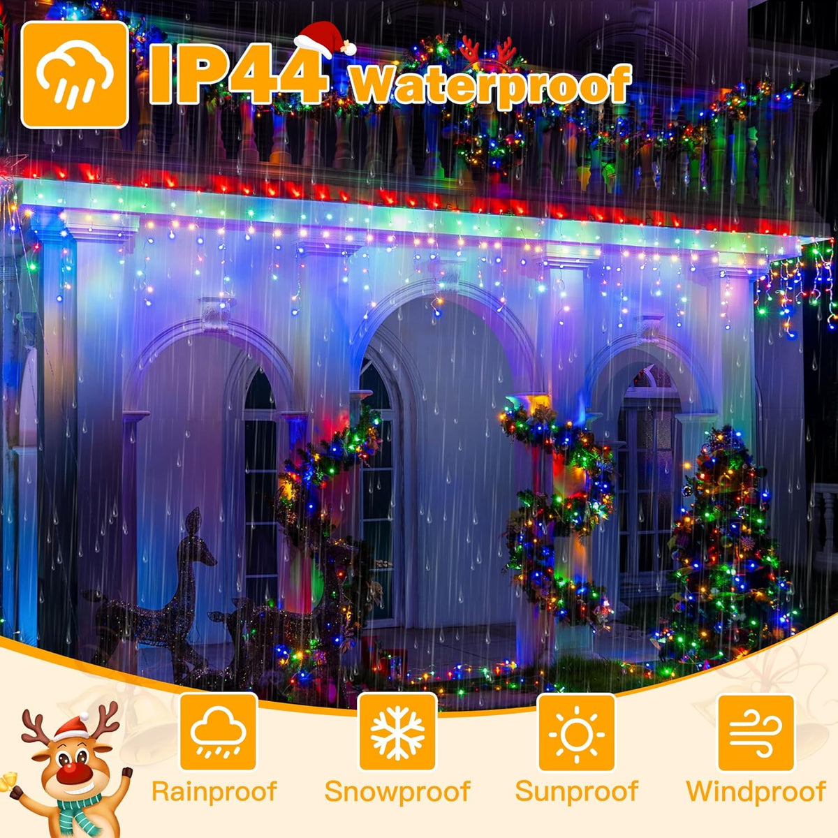 Ollny Icicle Lights Outdoor Multicolor, 594LED 49FT Christmas Lights with Remote 8 Modes Dimmable