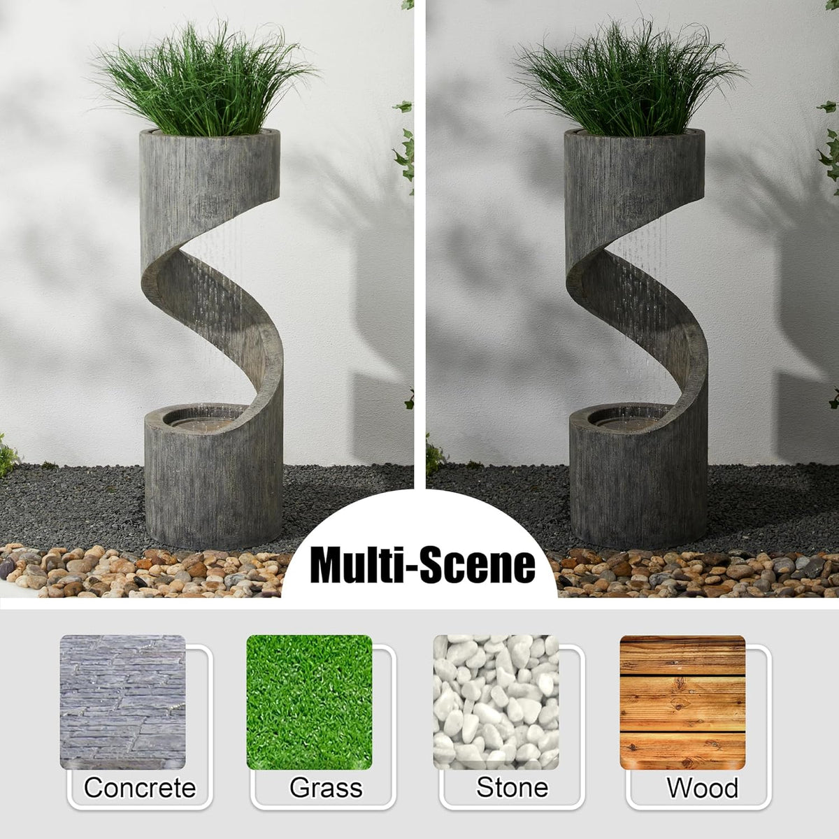 Glitzhome Tiered Outdoor Water Fountain with LED Light, Modern Spiral Outdoor Fountain with Stone