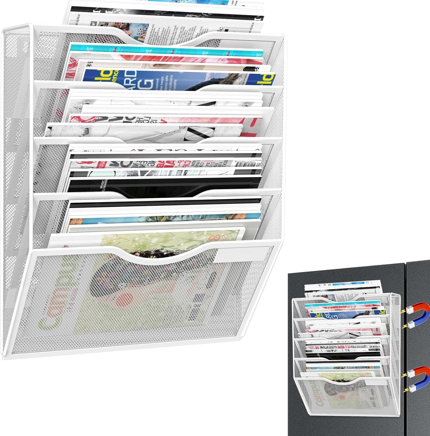 5-Tier Magnetic File Organizer, No Drilling Installation, White Magnetic Paper Holder, Magazine