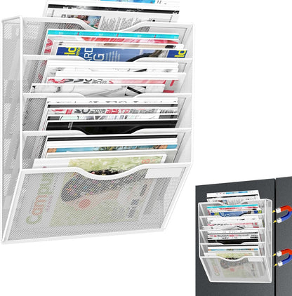 5-Tier Magnetic File Organizer, No Drilling Installation, White Magnetic Paper Holder, Magazine