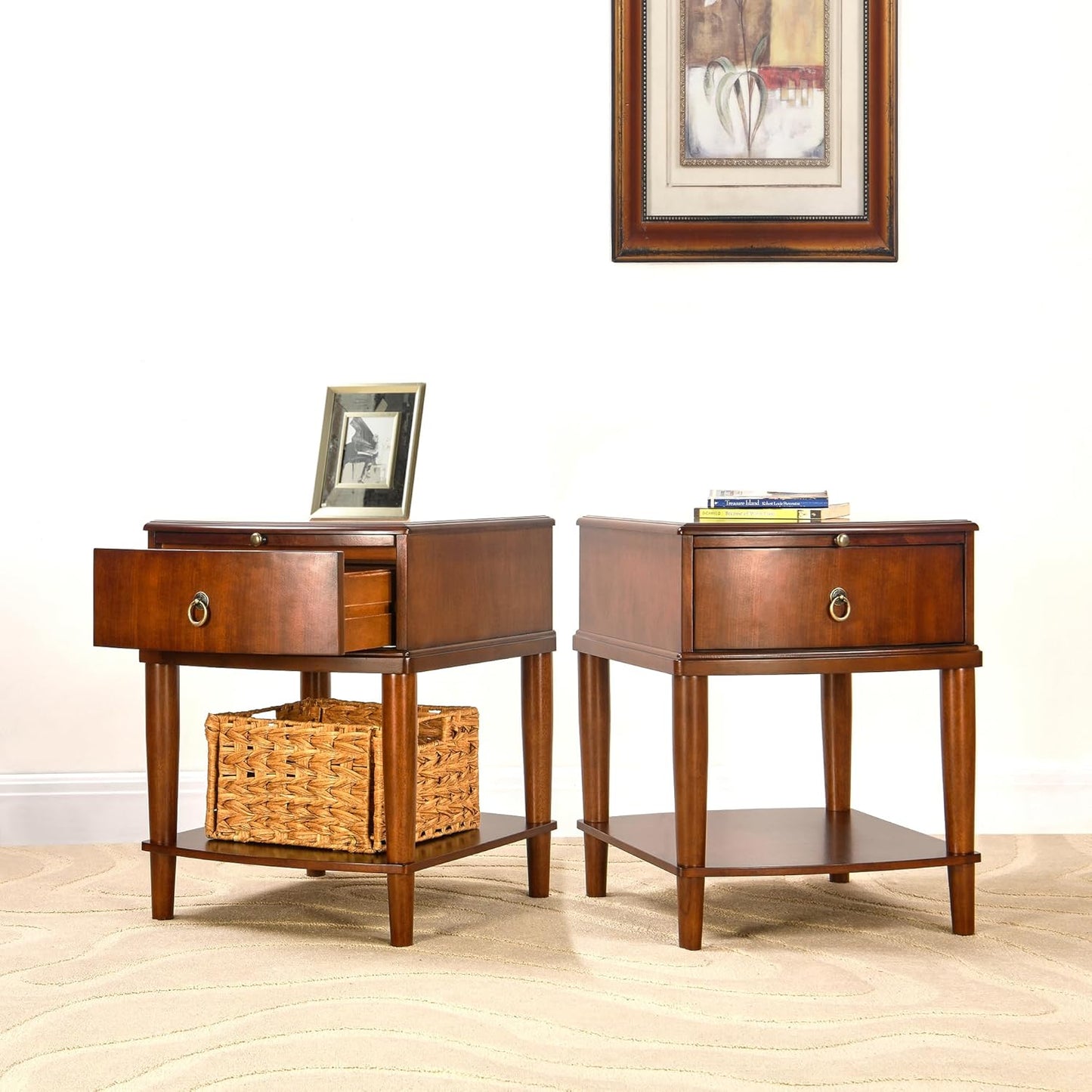 Set of 2 Solid Wood Square End Table with Drawer, 2 Tier Wooden Sofa Side Table with Sliding Shelf