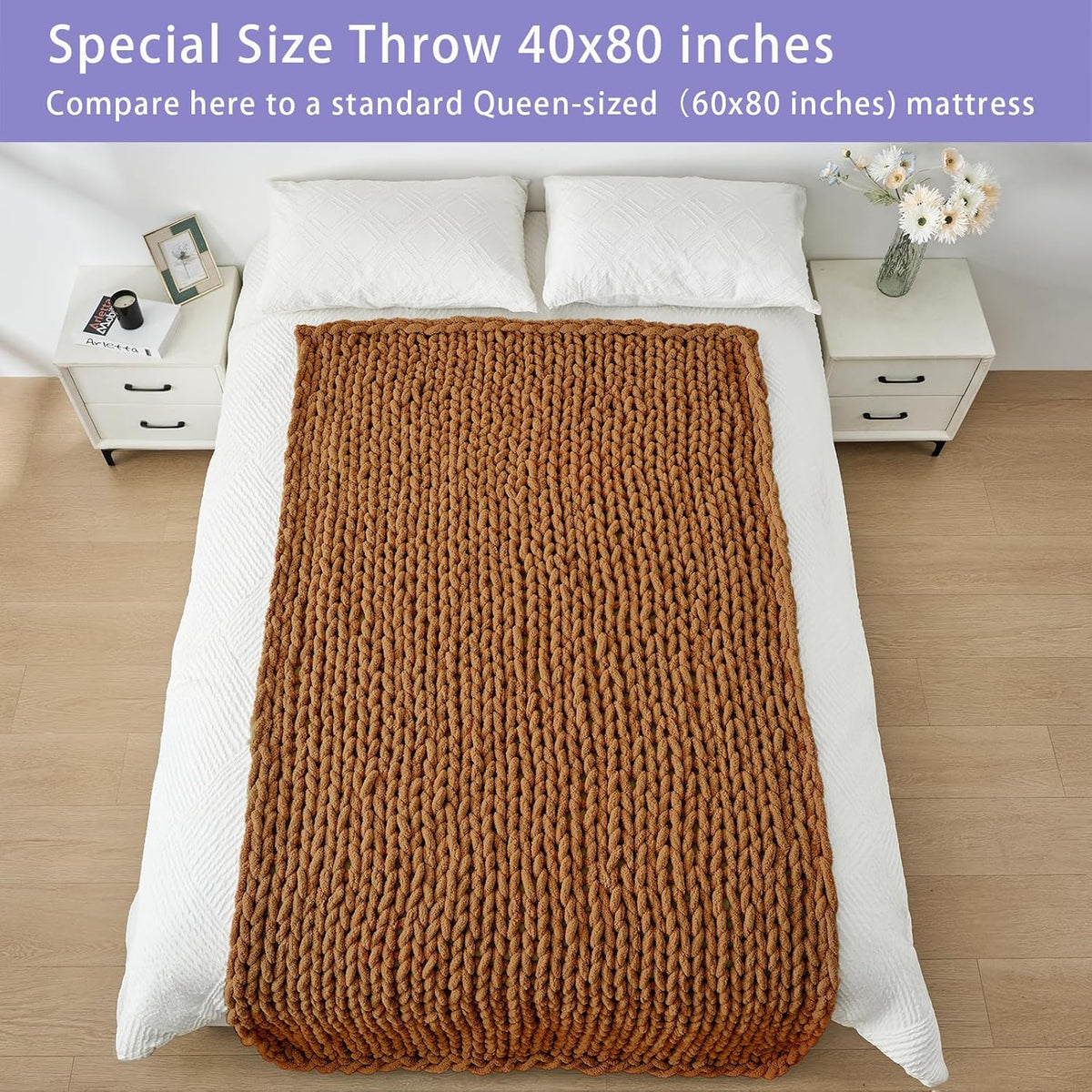 Bigacogo Chunky Knit Throw Blanket for Couch, 40x80 inches, 100% Hand Knitted with Thick Jumbo