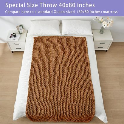Bigacogo Chunky Knit Throw Blanket for Couch, 40x80 inches, 100% Hand Knitted with Thick Jumbo