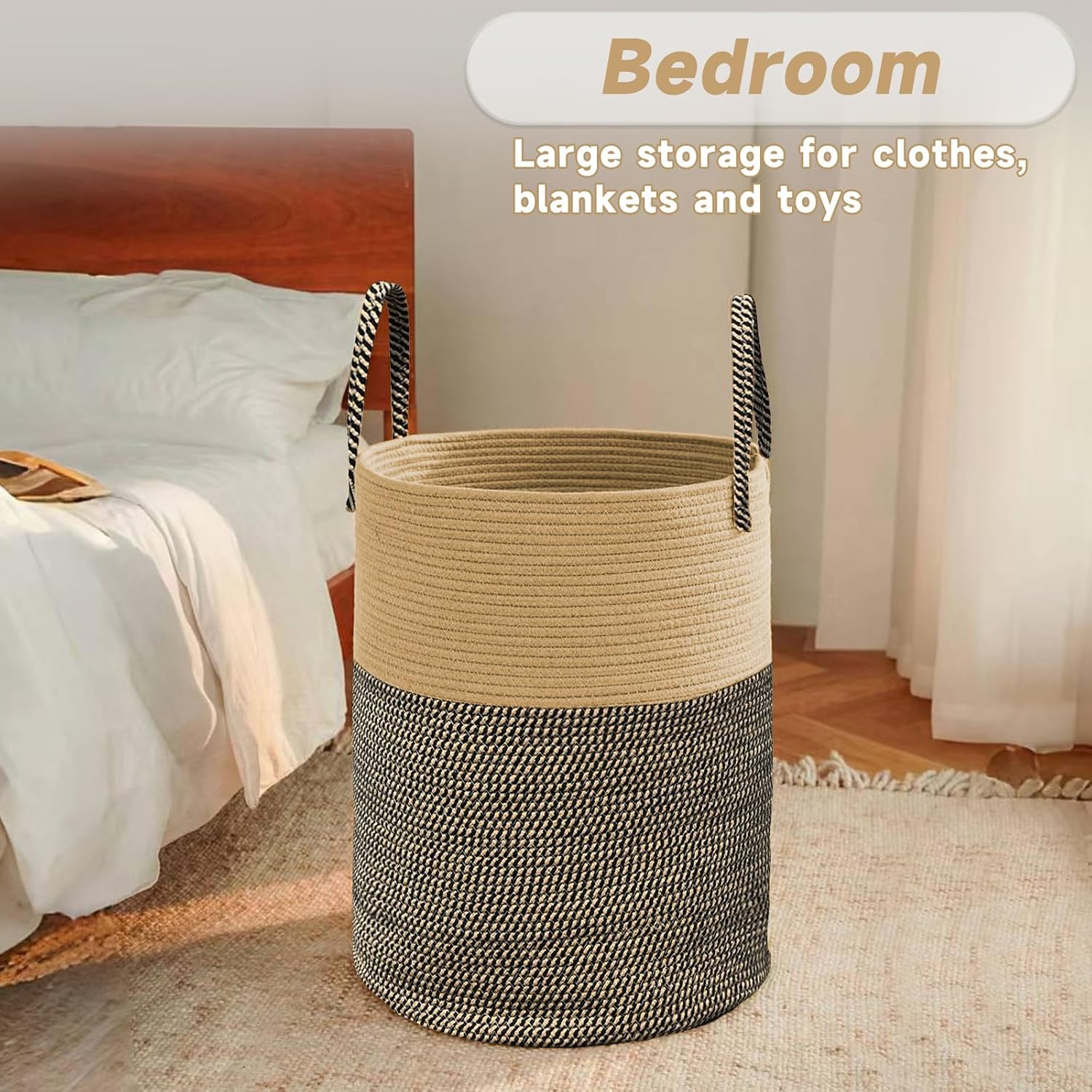 Large Woven Laundry Basket Hamper,100L Cotton Rope Storage Bin for Blankets,Toys and