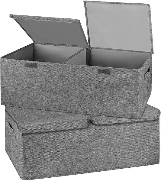 2 Pack Storage Boxes with Lids and Handles, Collapsible Linen Storage Bins Organizer Containers
