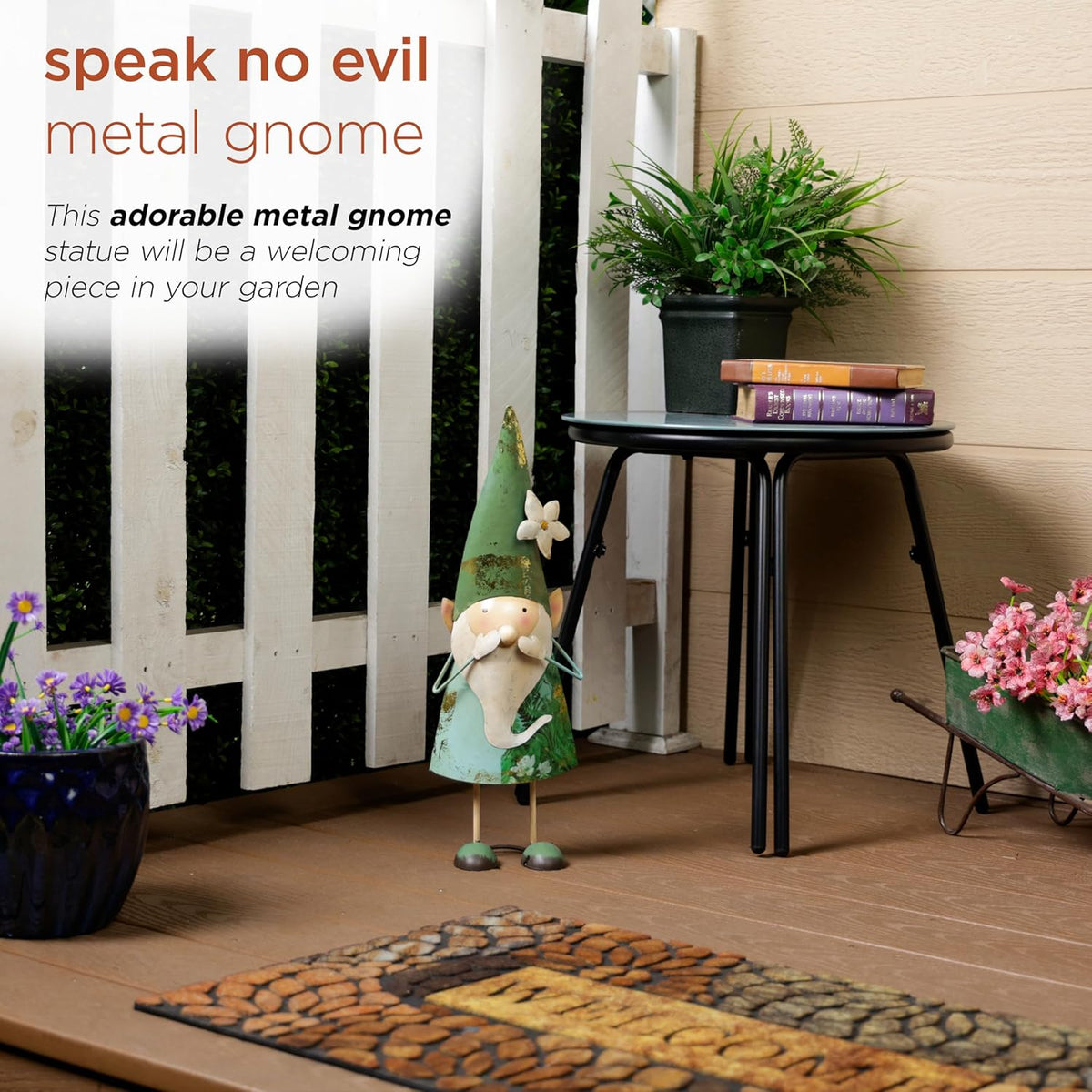 Alpine Corporation - 18" Tall Outdoor Garden Gnome Yard Decoration - Metal Statue with Speak No