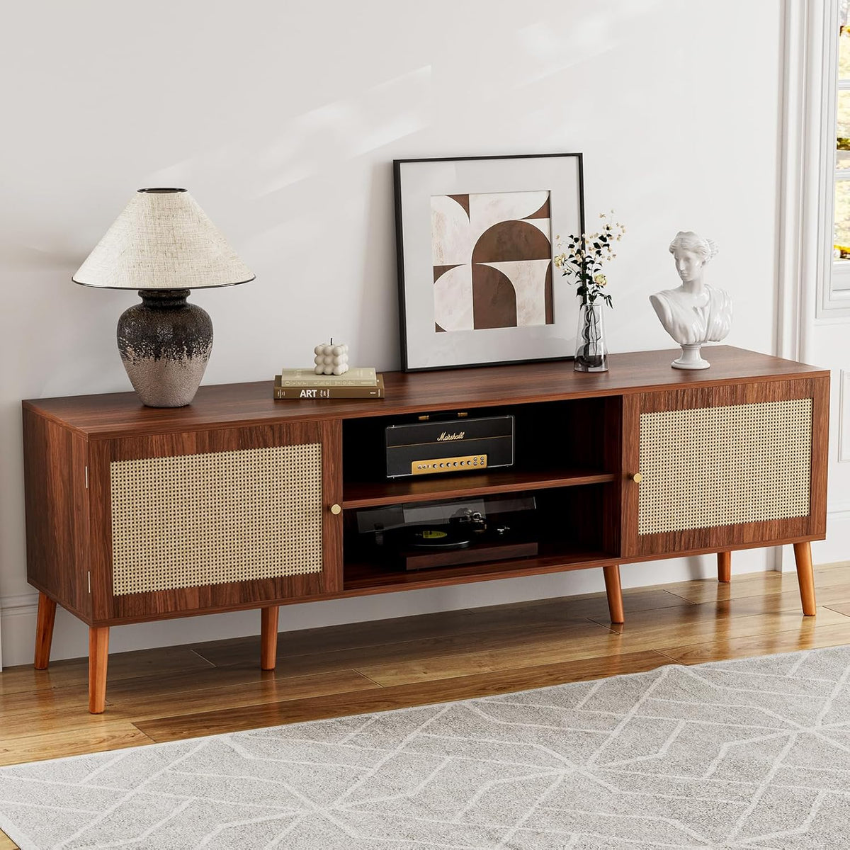 TV Stand for TVs up to 65'', Entertainment Center With Rattan Door, Shelves & 2 Cabinets, Long Boho