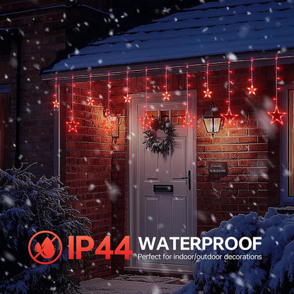 Red Christmas Star Icicle Lights,8.2FT 126LED Curtain String 8 Modes Memory Timer,Connectable Plug